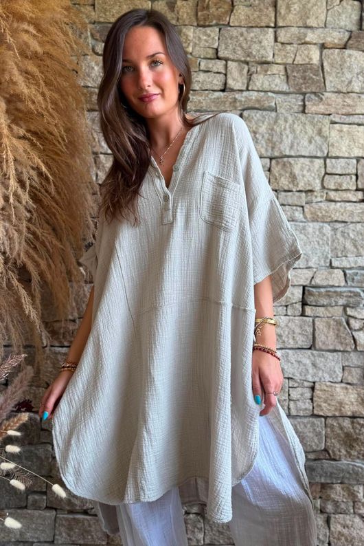 Tasha Cushion Cotton Oversized Shirt Tunic Stone